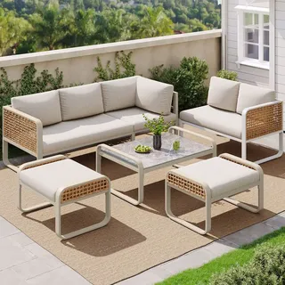 MERAX Gartenlounge-Set (Sitzgruppe Balkonmöbel mit 2-Sitzer-Sofa, Ecksofa, Hocker & Couchtisch, 6-tlg), Polyrattan Gartenmöbel mit Couchtisch - Beige