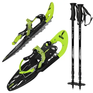 ALPIDEX Schneeschuhe 25 INCH Schuhgröße 38-45 bis 130 kg Steighilfe Tragetasche Optional Stöcke, Farbe:Lime mit Stöcken