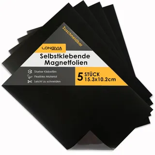 Longivia® 5 Stück Magnetfolie Selbstklebend Stark Zuschneidbar - Magnete zum Basteln für Kühlschrank Auto Fotos – Magnetplatte 0,5mm - magnetpapier (15.3cm x 10.2cm) Magnetic Sheet