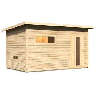 Woodfeeling Karibu Gartensauna Saunahaus Hytti 6 naturbelassen Energiesparende Saunatür Ohne Ofen inkl. 8-teiligem gratis Zubehörpaket (Gesamtwert 191,92€)