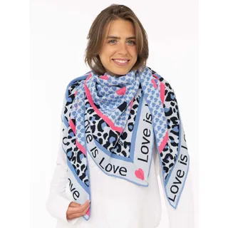 Zwillingsherz Dreieckstuch ZWILLINGSHERZ "Love is Love", Damen, blau, Feinstrick, Materialmix, Modetücher, Feinstrick, Schriftzug, Animal-Muster, wärmend