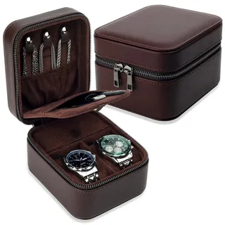 REVEMCN Uhrenbox Herren für 2 Uhren, Reise-Uhrenetui aus PU-Leder, Uhrenaufbewahrung mit Ringrollen & Zubehörfächern, Reise Schmuckkästchen für Herren, passend bis 50 mm (Klein – 2 Uhrenfächer)