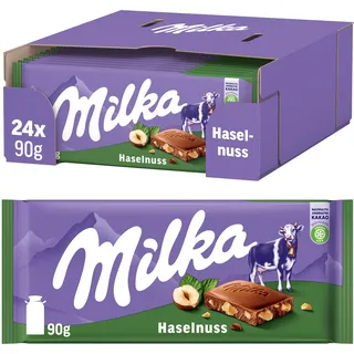 Milka Alpenmilch-Schokoladentafel mit Haselnussstückchen – Tafelschokolade mit knackigen Nussstücken – 24 x 90g