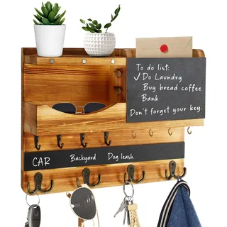 JKOKPMG Schlüsselbrett Holz mit Ablage, schlüsselkasten Holz,Schlüsselhalter mit Edelstahlhaken,Schlüsselablage Wand, Schlüsselboard aus Buche,Schlüsselhaken Key Holder Modern