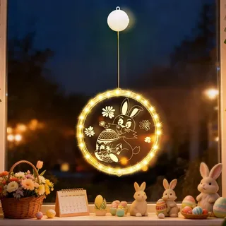 Osterdeko LED Hase Fensterdeko mit Saugnapf, Ostereier Osterhase LED Osterbeleuchtung, Osterdeko Fenster Osterlichterkette, Lichterkette Ostern Deko Beleuchtet, Osterhase Leuchtend (Warmweiß-D)