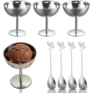 4 Stück Eisbecher Edelstahl, 200ml Dessertschale mit 4 Dessertlöffel, Runde Form Ice Cream Sundae Dessertgläser für Eis, Dessert, Joghurt, Dessert Schale für Hochzeiten, Partys, Restaurant, Silber