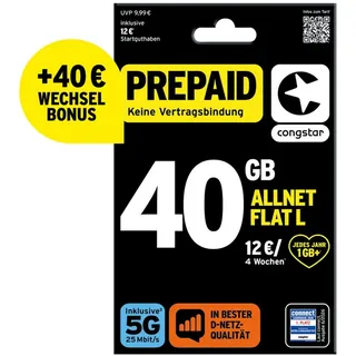 Congstar Prepaid ALLNET L SIM-Karte ohne Vertrag 5G mit 25 Mbit/s Prepaidkarte, (EU-Roaming inkl. CH, 12 € Startguthaben) schwarz