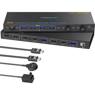8K KVM/USB Dual Modus 2 PC 2 Monitors HDMI KVM Switch Support Cross Display Dual Monitor KVM Switches 8K@60Hz, für 2 Computer teilen sich 2 Monitore Tastatur, Maus, mit Wired Remote & 8K HDMI Kabel