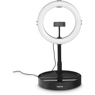 Hama LED Ringlicht mit Stativ Handy faltbar (10,2“ Ringleuchte, 26,5 cm Durchmesser, Tisch Stativ für die Kamera, ausziehbar bis 138 cm, dimmbares LED Tischringlicht, zum Einklappen) schwarz