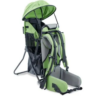 Lil' Boss Kinder Rückentrage Wandern, FASports Kindertrage 20kg bis 25kg, ergonomische Kindertrage Rucksack mit Regen- und Sonnendach, Kinderkraxe Kleinkind Hellgrün-Grau, 50 x 38 x 90 cm