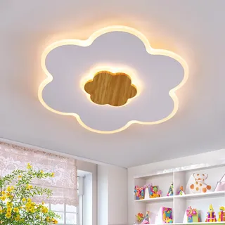 LUOLONG LED Deckenleuchte Kinder Deckenlampe Blumenform Holz Kinderzimmer Deckenleuchten Dimmbar 3000K-6000K 28W 40cm Junge Mädchen Baby Weiß Kinder Schlafzimmer lampe Mit Nachtlichtfunktion