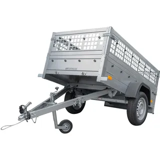 UNITRAILER Anhänger Garden Trailer 200 Kipp, Auto Anhänger 750 kg mi, Anhänger Gitteraufsatz, Kippbarer Deichsel und Stahlstützrad, Ladeflächenabmessungen 200x106 cm