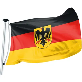 FLAGLY Premium Flagge Deutschland mit Adler 100x150cm -115g/m2 Stoffgewicht - gedruckt, robustes und witterungsbeständiges Glanzpolyester mit Ösen (100 x 150 cm, Deutschland mit Adler)