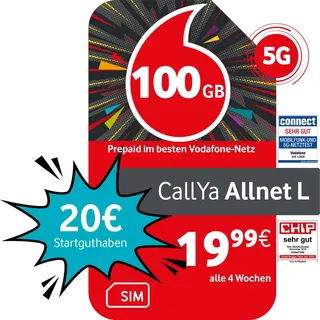 Vodafone Prepaid CallYa Allnet L | 100 GB | 20 EUR Startguthaben | ohne Vertrag | 5G-Netz | Telefon- SMS-Flat | EU-Roaming