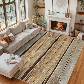 Generisch Holzoptik Teppich Klein 50x80 cm, Rustikale Holzplanke Motiv Fußmatte Innen für Schlafzimmer Küche, rutschfest Waschbar Weich Kurzflor Eingangsteppich QAZ43