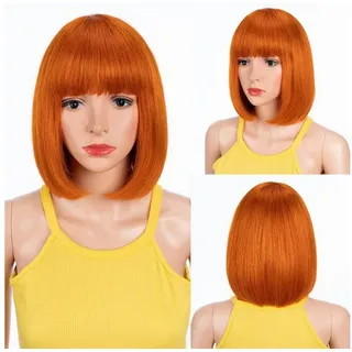 LuxusKollektion Echthaarperücke Perücke Echthaar Pony kurz Bob Remy 25cm 10 inches S ORANGE