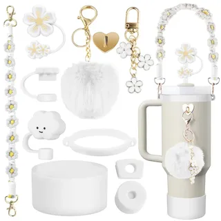 11 Stück Stanley Cup Zubehör Set, Weißes Stanley Cup Accessories für 1.2L & 850 ml Stanley Cup, Stanley Cup Auslaufschutz, Stanley Cup Griff Riemen, Stanley Cup Strohhalm Abdeckung, Silicone Boot