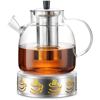 Teekanne Glas 1,8 Liter mit Stövchen, Glasteekanne mit Siebeinsatz, Teekanne mit Sieb für Losen Tee, BPA-frei, Mikrowelle & Spülmaschinenfest