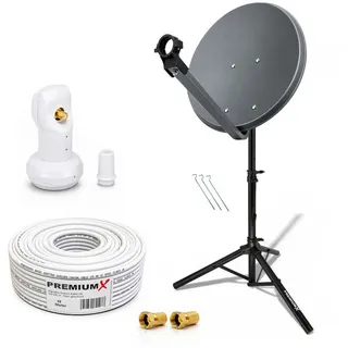 PremiumX Camping mobile Satelliten-Komplettanlage 45cm Satellitenschüssel SAT Single LNB Dreibein-Stativ 10m Kabel 2x F-Stecker