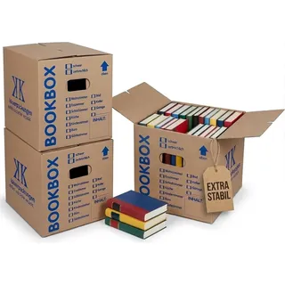 KK Verpackungen Bücherkartons | 5 Stück, 405 x 330 x 353 mm | 2-wellig, Tragkraft 50 kg | Fadenverstärkte Griffe, Schmetterlingsboden | Umzugskarton für Bücher, Aktenordner, Geschirr