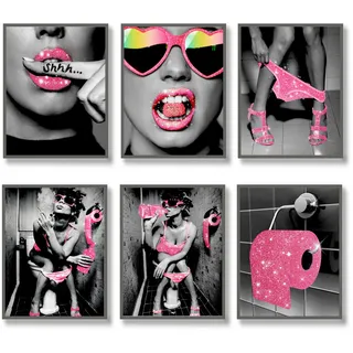 Luodroduo Modische Wandkunst, Badezimmer-Dekor-Drucke, Set mit 6 rosa Glitzer, Seidenpapier, Poster, Bilder, Fotos, lustig, modern, Frauen, Badezimmer, WC, Kunstwerk, Wand, Schwarz und Weiß, 20,3 x