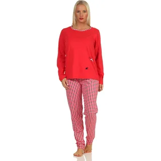 Damen Langarm Schlafanzug Pyjama mit süssen Katzen Motiv und Karierter Jersey Hose, Farbe:rot, Größe:40-42 - 40-42