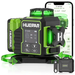 Huepar W03CG 3D-Laser-Nivelliergerät für Neubauten, 3x360° selbstnivellierend, 12 Linien, Bluetooth-fähig, mit elektrisch drehbarem Sockel und großem LCD-Display, grünes Kreuzlaser-Nivelliergerät