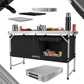 24move 24MOVE® Campingküche PRAIA faltbar, höhenverstellbarer Campingschrank Alu Reiseküche mit Arbeitsplatte und Staufächern, Outdoor Camping, tragbar