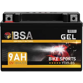BSA YTX9-BS GEL Motorradbatterie 12V 9Ah 180A/EN Batterie doppelte Lebensdauer entspricht 50812 CTX9-BS ETX9-BS GTX9-BS vorgeladen auslaufsicher wartungsfrei ersetzt 8Ah