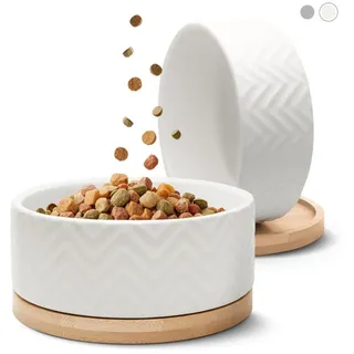 Freudentier Hundenapf aus Keramik mit Bambus-Boden - 990ml - rutschfest & spülmaschinenfest - Moderner Futternapf/Fressnapf für Grosse Hunde & kleine Hunde - Napf Hund (Weiß,