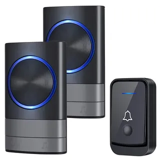 KEWUZY Funktürklingel,Wasserdicht Staub Aussen Klingel Haustür mit 2 Plug-In-Empfänger, 52 Klingeltönen 4 Lautstärken Blinkende LED,Türklingel Set Drahtlose Reichweite 400m (Schwarz)