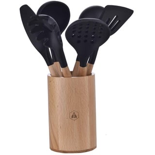 LAGUIOLE 5 x Ustensiles de Cuisine - Écumoire, Louche, Spatule, Pinceau à badigeonner, Cuillère à spaghetti, Friture, Sauce- Antiadhésif- Noir - Silicone - Bois clair