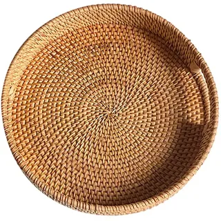 QOKLIYUI Hochwertiges, strukturiertes Serviertablett mit geschlossener und runder Kante für Rattan Serviertablett, rundes Rattan Tablett aus Holz, Lebensmittelkorb Tablett, Typ 3, 34X5cm