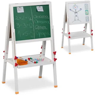 Relaxdays Kinderstandtafel, höhenverstellbar, magnetisch, Whiteboard & Kreidetafel, Hbt: 81-104 x 45 x 42 cm, Holz, weiß