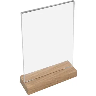 HMF 46944 Acryl Tischaufsteller mit Holzfuß DIN A4 Hochformat, Glasklar
