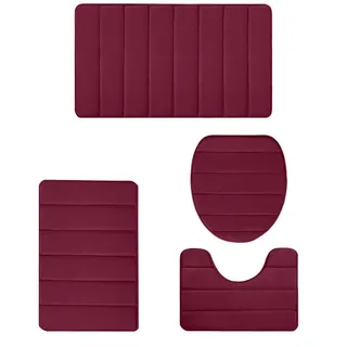 BESTORI Badematte Set 4 Teilig rutschfest Weich Badteppich Waschbar Badezimmerteppich WC Vorleger U-Form Toilettenmatte Rot