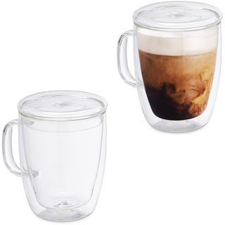 Relaxdays Kaffeegläser, 2er Set, 500 ml, Teegläser mit Henkel & transparent