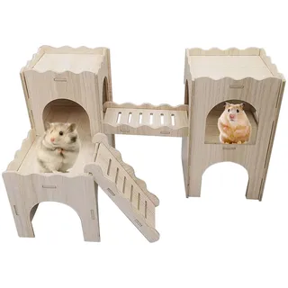 GOMETY Groß Meerschweinchen Haus, Mehrkammernhaus Hamster Haus Holz, Spielplatz Hamster Versteck Hamsterhaus Treppe Spielzeug Hamster Zubehör Meerschweinchen Spielzeug Haus für Zwerghamster Rennmäuse
