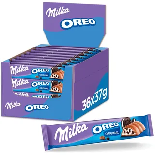 Milka OREO Schokoladenriegel, Alpenmilch mit Keksstücken, 37 g (36er-Pack) | Alpenmilchschokolade mit Keksstücken & Milchcremefüllung, 36 einzeln verpackte Riegel für Frische