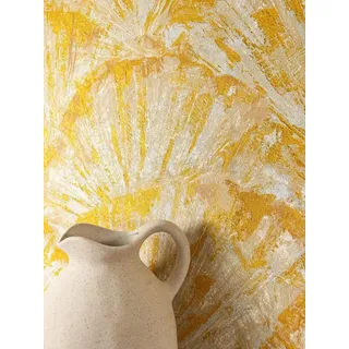 Newroom Vliestapete, Gelb Tapete Modern Muschel - Mustertapete Glanztapete Creme Metallic Grafisch Glamour Blütenblätter Muster für Schlafzimmer Wohnzimmer Küche, Mustertapete, Glanztapete gelb