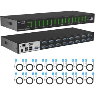 MT-VIKI 4K60HZ IP KVM Switch Remote 16 Port 1HE Rackmount KVM VGA Switch Over IP 16 Port Remote USB VGA KVM Umschalter IR-Fernbedienung Desktop Selektor mit 16er-Pack Kabeln OSD