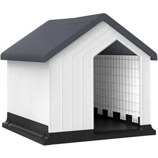 PawHut Hundehütte Outdoor, Hundehaus aus Holz mit Asphaltdach, Fenster, wasserdichte Hundehöhle Hütte für Mini und kleine Hunde, draußen Grau, 62 x 61 x 60 cm