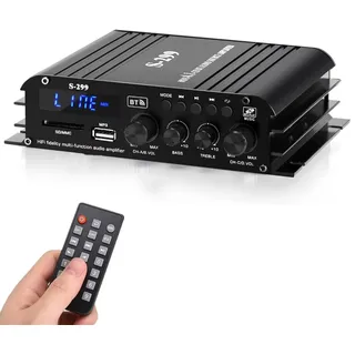 4.1-Kanal Verstärker, 1600W Mini hifi Verstärker, Bluetooth 5.0 für Heimlautsprecher 40W x 4 + Active Subwoofer von 110-240V bis 12V mit USB TF Steckplatz MP3 Player mit Fernbedienung