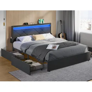 VASAGLE Doppelbettgestell, Bettgestell, 160 x 200 cm, LED, Metallbett, 4 Schubladen, Ladestation, verstellbares gepolstertes Kopfteil, schiefergrau - Dunkelgrau