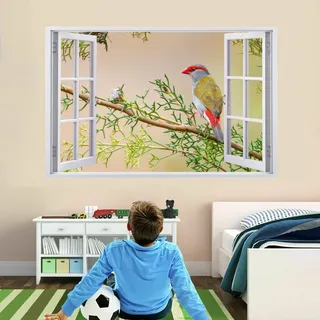 3D Wandtattoo I Wandbild Vogel Wandaufkleber I Wandsticker Durchbruch Poster Fensterblick I Wand Deko Aufkleber für Wohnzimmer Schlafzimmer Küche Türaufkleber 75x50cm