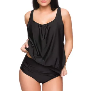 Octopus Oversize Damen Tankini Set Bauchweg mit Slip, Hotpants oder High Waist f5465 Farbe: Tankini Schwarz, High Waist Slip G(1484)+S9(sw) Gr. 50 - 50