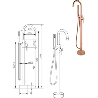 Aloni Standarmatur für freistehende Badewannen Badewannenarmatur Kupfer gebürstet
