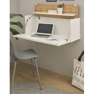 furn.design Sekretär Weiß matt, Eiche Wotan 100 cm, Wandschrank mit klappbarem Oberboden