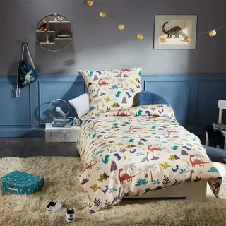 Lorena Mako-Satin Bettwäsche Dino natur 100x135 cm + 40x60 cm - beige;bunt