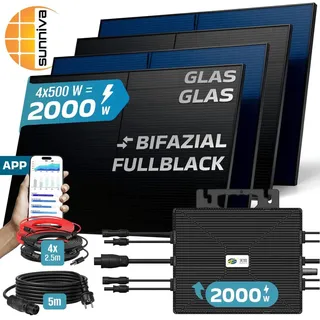 sunniva Balkonkraftwerk Bifazial 2000W inkl. ASTRO-E 2000W Wechselrichter, 4x 500W Glas-Glas Solarmodule, 5m Kabel